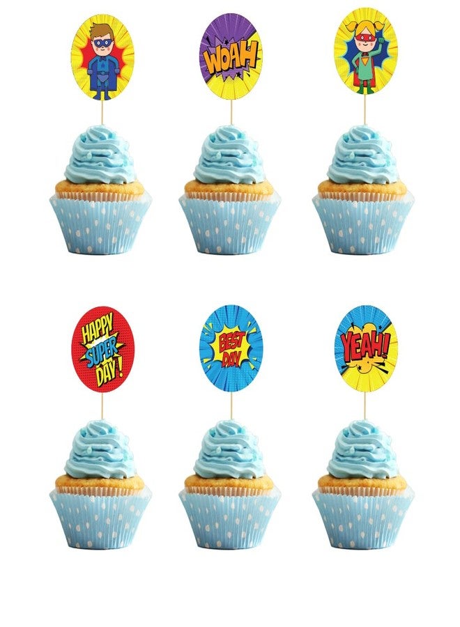 Festiko® Set of 6 Pcs Superhero Theme Happy Super Day Cupcake Topper, Cake Decoration Supplies, Birthday Decoration Items - Image 1